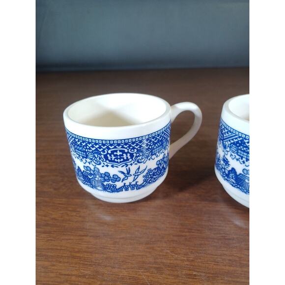 2 Vintage Blue WILLOW WARE Pottery Coffee Cups - Stackable Mugs - Made In USA - Picture 4 of 10